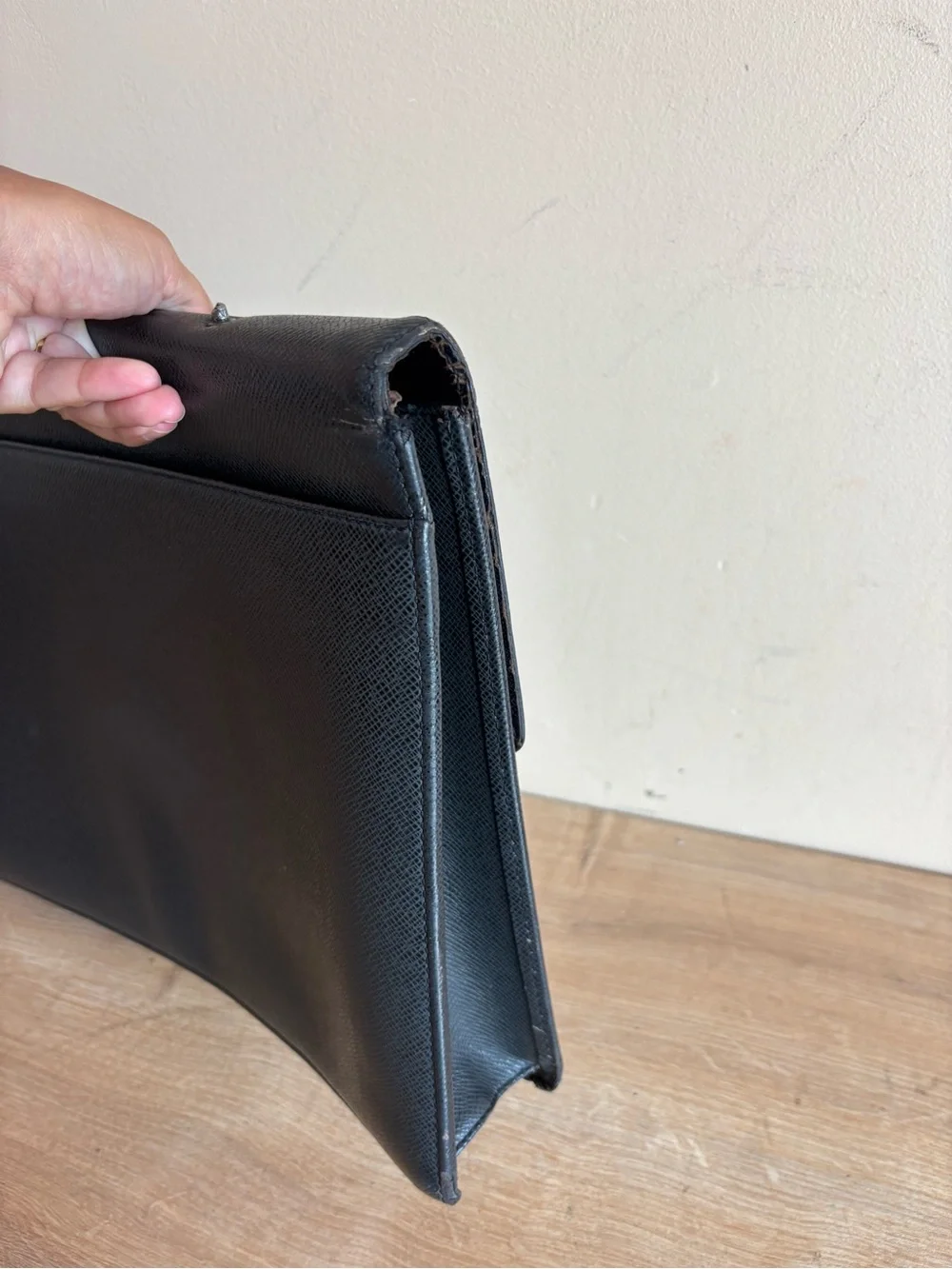 Louis Vuitton Black Leather Briefcase Clutch with Silver Hardware
